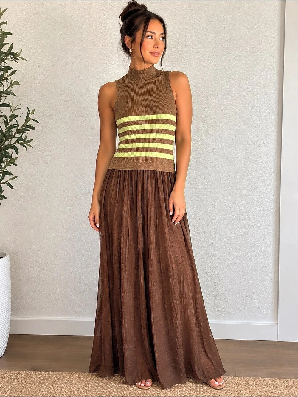 Anthropologie Shiny Things Maxi Dress Striped Maxi Dress in Brown & Green XS NWT